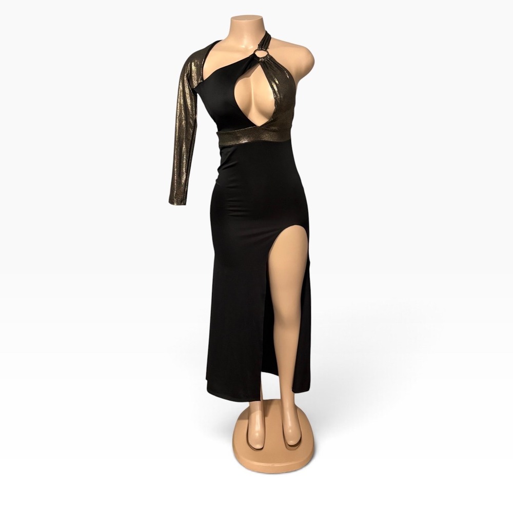 Mapale Womens One Shoulder Cutout Maxi Dress Black Gold Metallic Slit Small